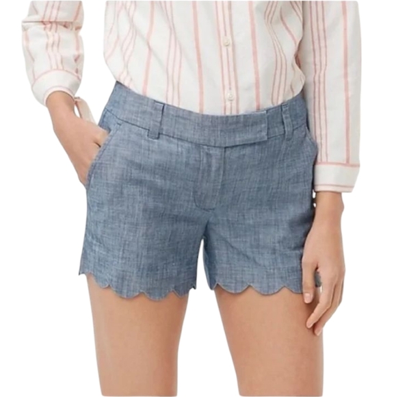 J. Crew Chambray Scalloped Hem Cotton Chino Style Shorts Size 0 - Picture 1 of 8